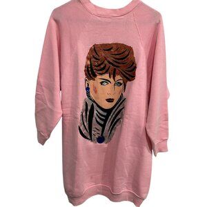 Vintage Sweatshirt Hand-Painted Portrait Art Pink Crewneck Graphic Retro 80s